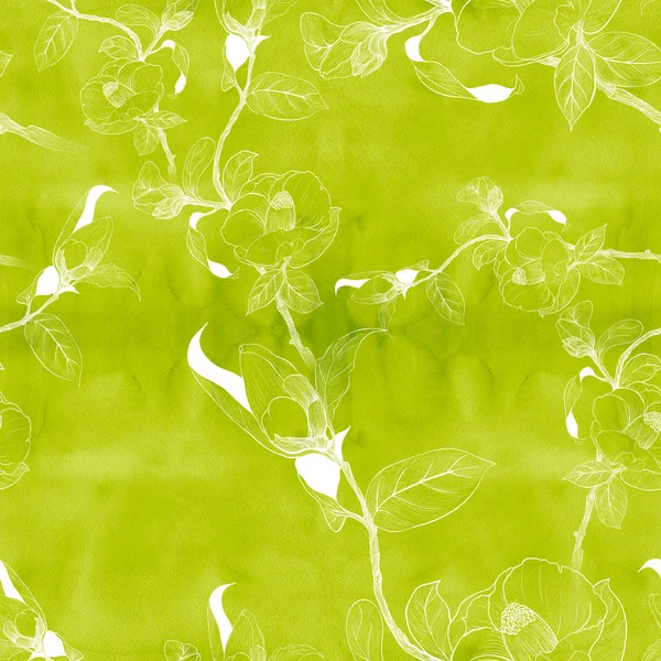 Камелия - цветы, почки и листья - на акварельном фоне. Бесшовный рисунок . — стоковое фото