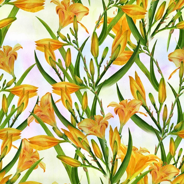 Квіти, бутони і листя жовтої лілії. Акварель. Квіткові мотиви. Безшовний візерунок . — стокове фото
