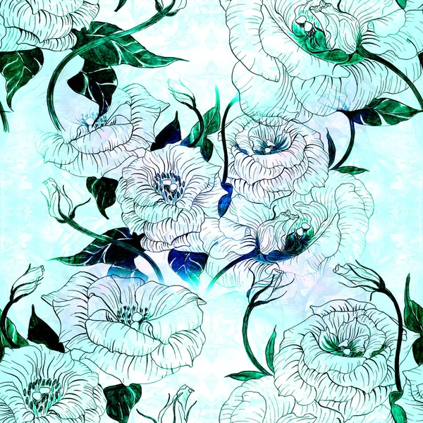 Bouquet of flowers - eustoma, inflorescences, leaves, buds. Decorative composition - floral pattern. Seamless pattern. Graphic arts. — Stock Photo, Image