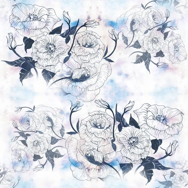 Bouquet of flowers - eustoma, inflorescences, leaves, buds. Decorative composition - floral pattern. Seamless pattern. Graphic arts. — Stock Photo, Image