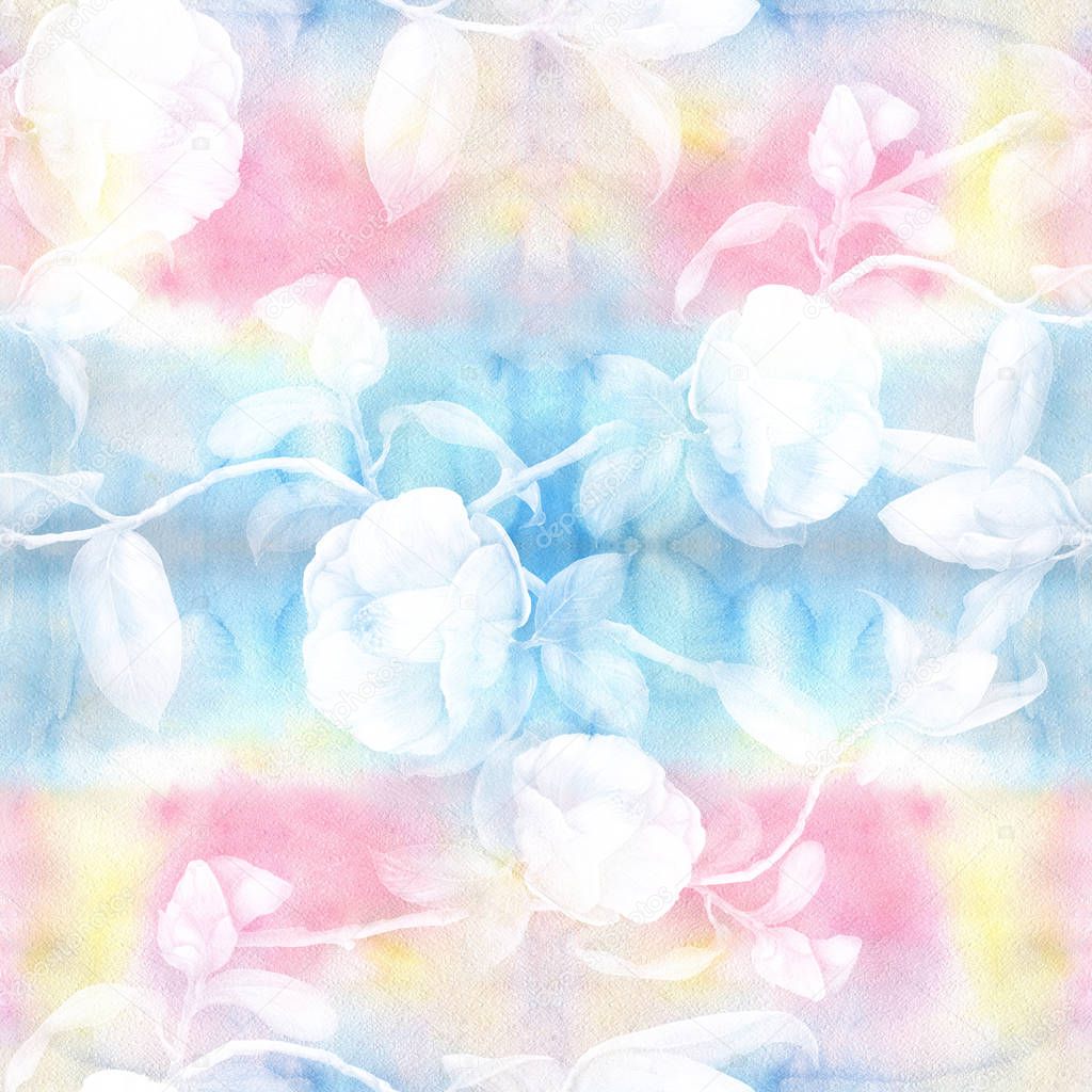 Camellia - flowers, buds and leaves - on a watercolor background.Collage of flowers, leaves and buds on a watercolor background. Decorative composition on a watercolor background. Seamless pattern.
