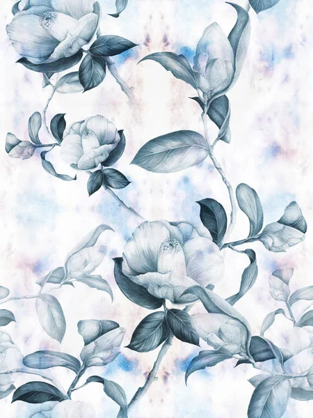 Kamélia Virágok Rügyek Levelek Akvarell Alapon Kollázs Virágok Levelek Rügyek — Stock Fotó