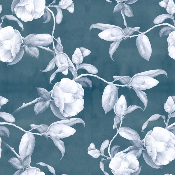 Kamelya Çiçek Tomurcukları Suluboya Bir Arka Plan Üzerinde Bırakır Kolaj — Stok fotoğraf