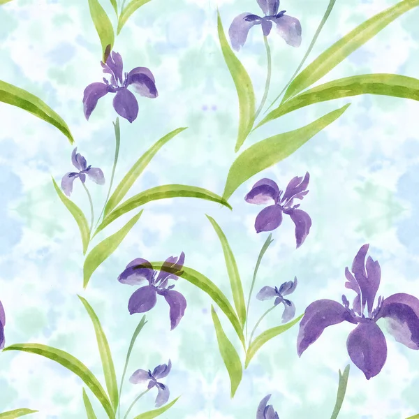 Blumen Schwertlilien - Aquarell. dekorative Komposition auf aquarelliertem Hintergrund. nahtloses Muster. — Stockfoto