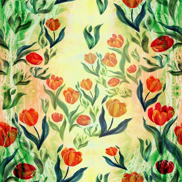 Wzór Tulips.Seamless. Kwiatów, liści, łodyg i pąki. — Zdjęcie stockowe