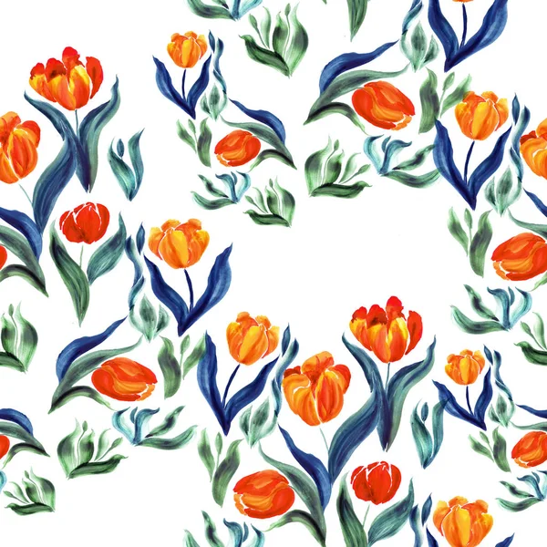 Tulips.Patrón sin costuras. Flores, hojas, tallos y brotes . —  Fotos de Stock