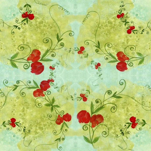Branch with flowers and leaves of sweet pea on a watercolor background. Watercolor.Seamless pattern. — Stock Photo, Image