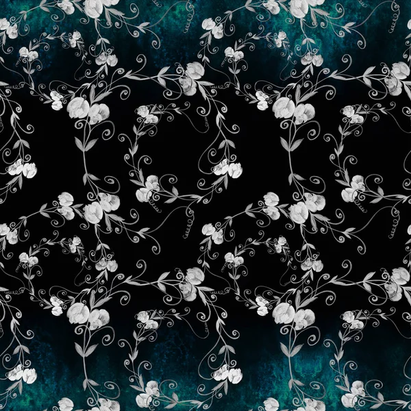 Zweig mit Blüten und Blättern der Erbse auf aquarelliertem Hintergrund. aquarell.nahtloses Muster. — Stockfoto