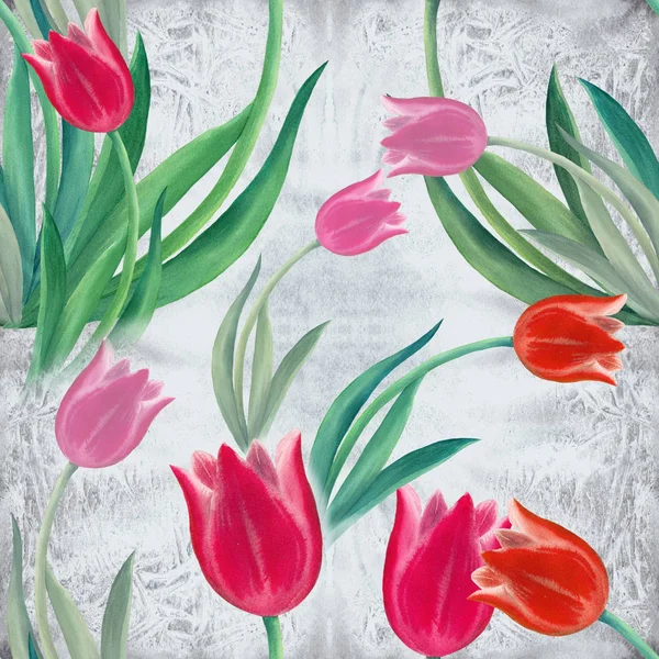 Tulipánok - akvarell hátterére támaszkodva. Tavaszi virágok. Varrat nélküli mintát — Stock Fotó