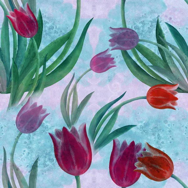 Tulpen - Zeichnung auf dem Hintergrund des Aquarells. Frühlingsblumen. nahtloses Muster — Stockfoto