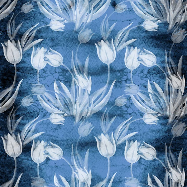 Tulpen - tekening op de achtergrond van de aquarel. Lente bloemen. Naadloze patroon — Stockfoto