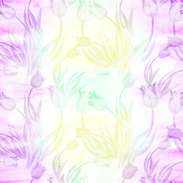 Tulpaner - ritning på bakgrunden av akvarell. Vårblommor. Seamless mönster — Stockfoto