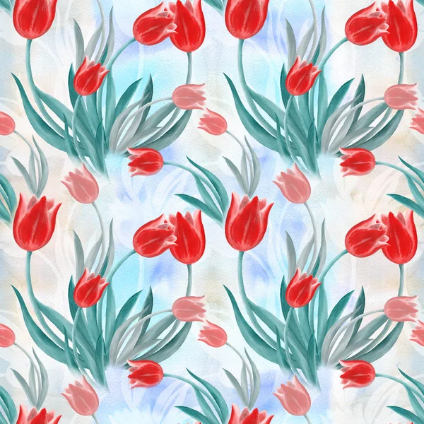 Tulipani - disegno sullo sfondo di acquerello. Fiori primaverili. Modello senza cuciture — Foto Stock