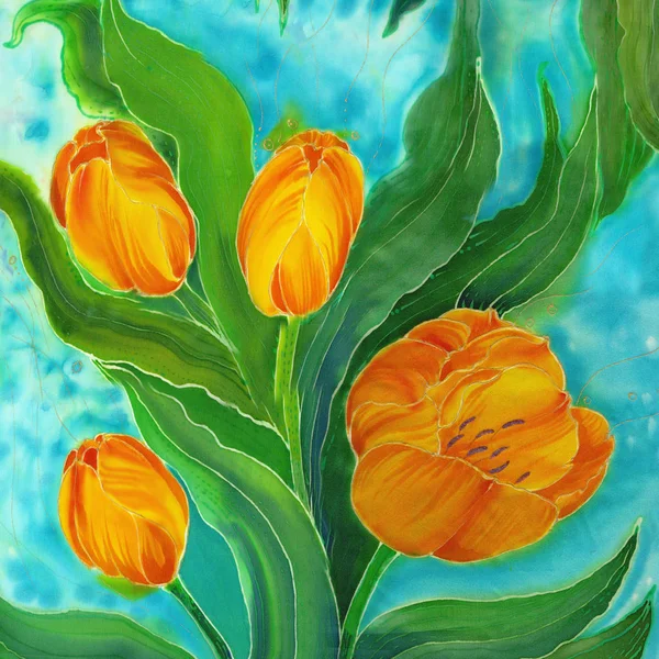 Tulpen - tekenen op zijde. Aquarel. Achtergrondafbeelding. Batik. Lentebloemen. — Stockfoto