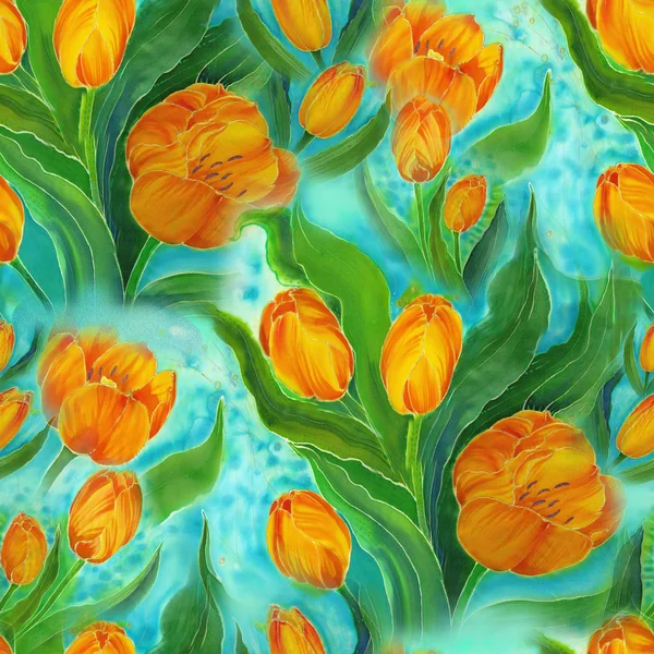 郁金香-在丝绸上画画。水彩。背景图像。蜡染。春天的花朵. — 图库照片