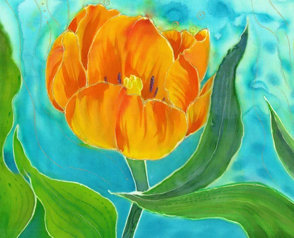 郁金香 在丝绸上画画 背景图像 春天的花朵 使用印刷材料 明信片 — 图库照片