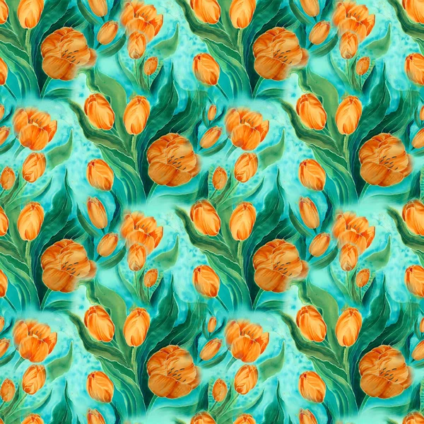 Los tulipanes - el dibujo sobre la seda. Acuarela. Imagen de fondo. Batik. Flores de primavera . —  Fotos de Stock