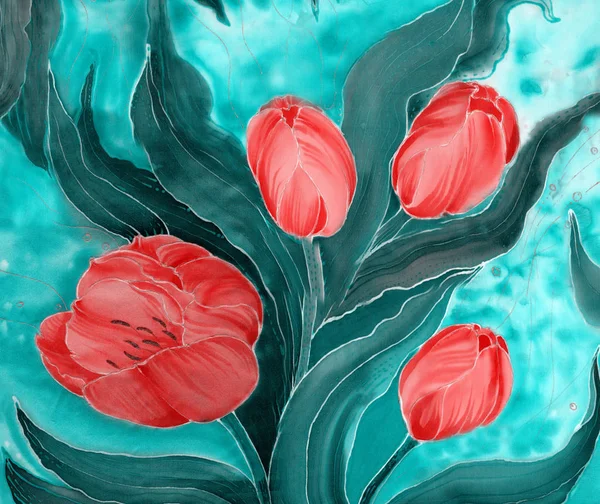 Tulipani Attingendo Seta Acquerello Immagine Sfondo Batik Utilizzare Materiali Stampati — Foto Stock