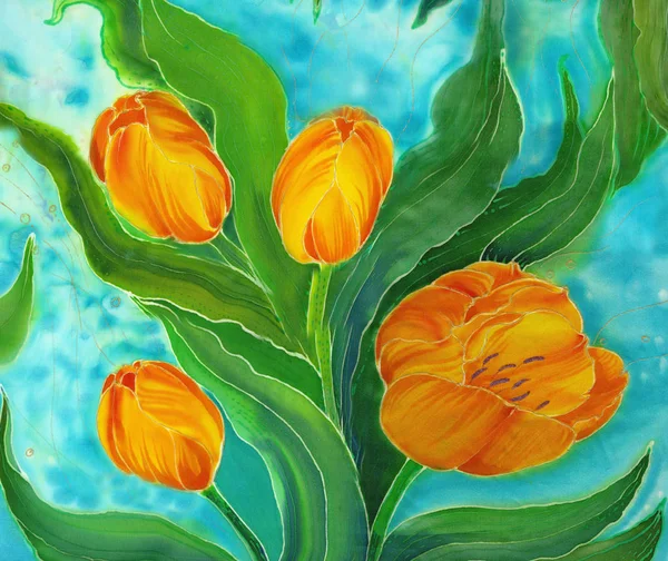 Tulipány Kresba Hedvábí Akvarelem Obrázek Pozadí Batika Jarní Květiny Používat — Stock fotografie