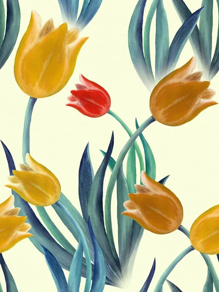 Tulpaner - ritning i akvarell. Bakgrundsbild. Vårblommor. Seamless mönster. — Stockfoto