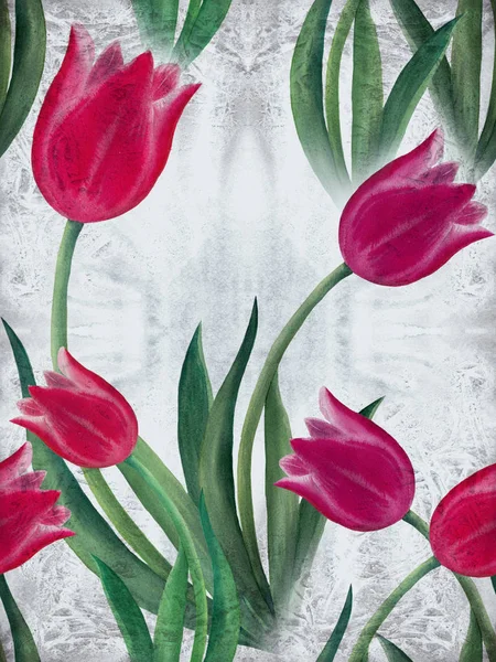 튤립-수채화 그리기 배경 이미지입니다. 봄 꽃입니다. 원활한 패턴. — 스톡 사진