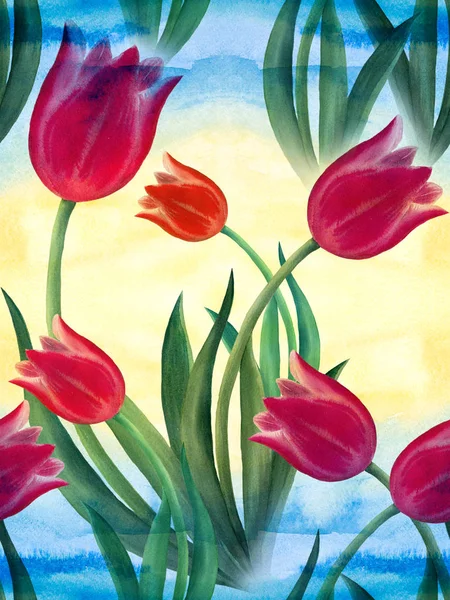 Tulipani - disegno in acquerello. Immagine di sfondo. Fiori primaverili. Modello senza cuciture . — Foto Stock