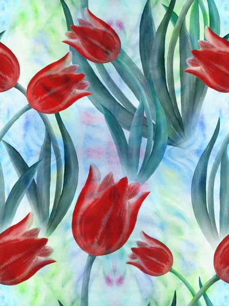 Los tulipanes - el dibujo en la acuarela. Imagen de fondo. Flores de primavera. Patrón sin costura . —  Fotos de Stock