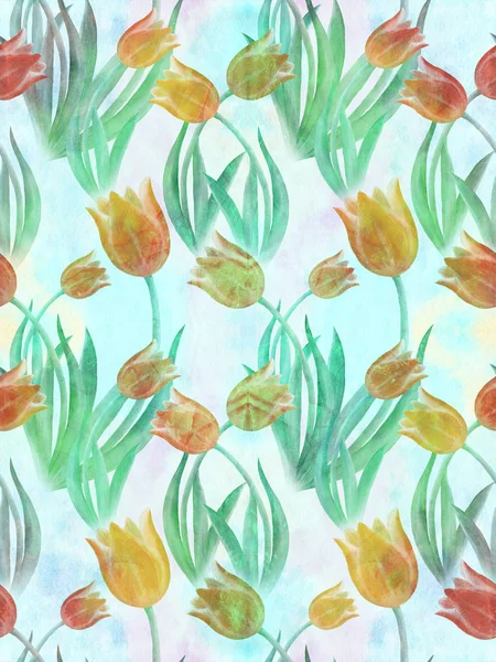 튤립-수채화 그리기 배경 이미지입니다. 봄 꽃입니다. 원활한 패턴. — 스톡 사진
