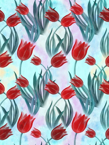 Tulpen - Zeichnung in Aquarell. Hintergrundbild. Frühlingsblumen. nahtloses Muster. — Stockfoto