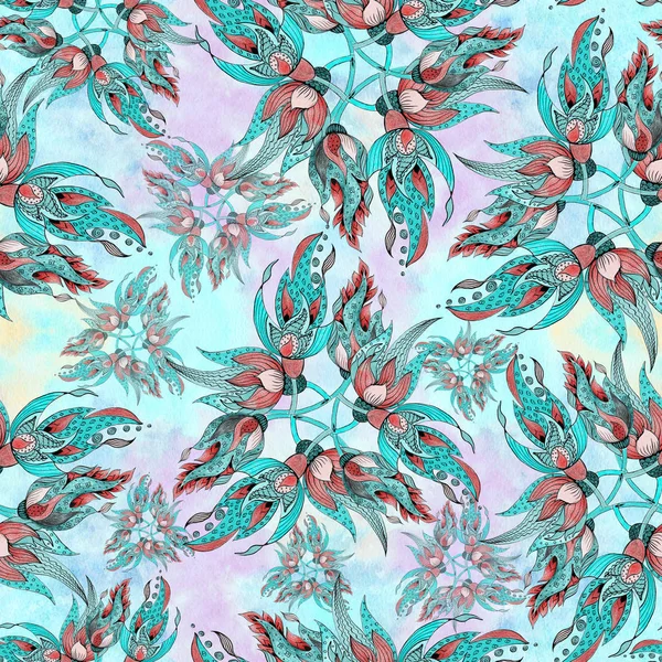 Aquarell. dekorative Komposition - Paisley auf Aquarell-Hintergrund. nahtloses Muster. — Stockfoto