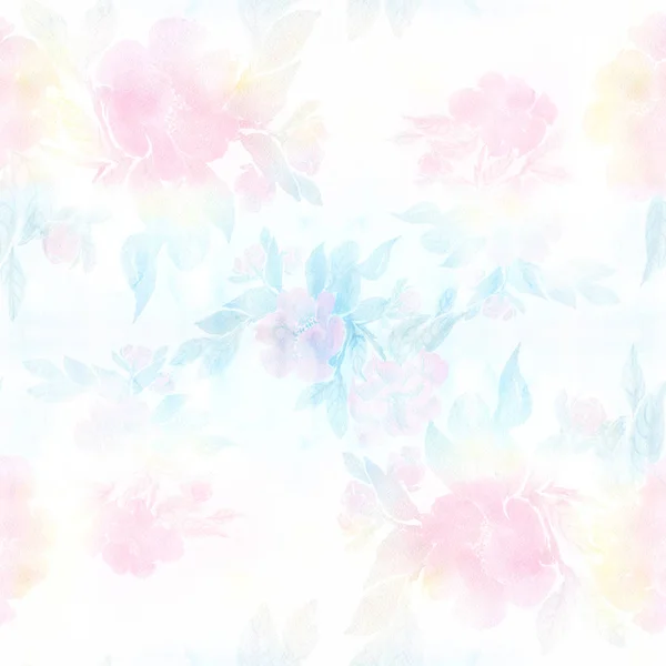 水彩画。シームレスな背景。花やつぼみに分岐します。花と水彩の背景に葉のコラージュ. — ストック写真