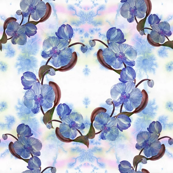 Orchidee. Ramo con fiori, boccioli e foglie su sfondo acquerello. Sfondo senza cuciture. Collage di fiori e foglie. Utilizzare materiali stampati, segni, oggetti, siti, mappe . — Foto Stock