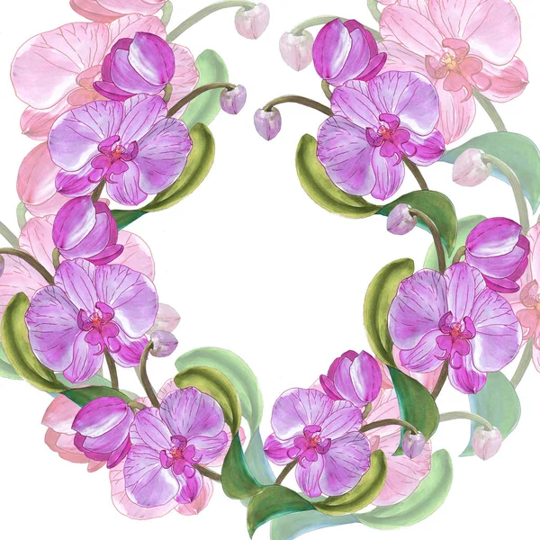 Orquídeas. Ramo com flores, botões e folhas em um fundo aquarela. Fundo sem emenda. Colagem de flores e folhas. Use materiais impressos, sinais, objetos, sites, mapas . — Fotografia de Stock