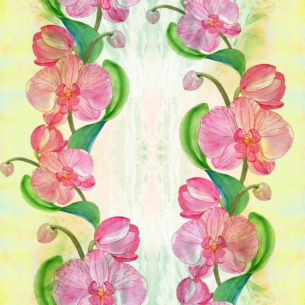 Orchideje. Větvička s květinami, poupaty a listy na pozadí akvarelu. Bezproblémové pozadí. Koláž květin a listí. Použít tištěné materiály, značky, objekty, weby, mapy. — Stock fotografie