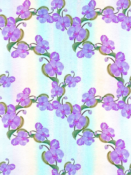 Orchideen Zweig Mit Blüten Knospen Und Blättern Auf Aquarelliertem Hintergrund — Stockfoto