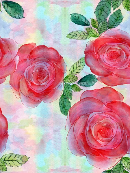 Rosor Blommor Och Blad Akvarell Sömlöst Mönster Bakgrund Använd Tryckt — Stockfoto