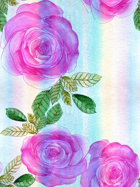 Roses Flowers Leaves Watercolor Seamless Pattern Wallpaper Use Printed Materials — Stock Photo, Image