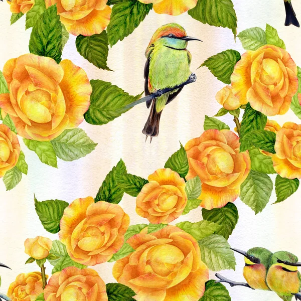 Padrão Sem Costura Pássaros Flores Ilustração Aquarela Use Materiais Impressos — Fotografia de Stock