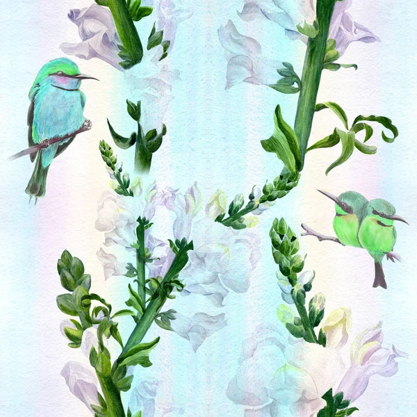 Απρόσκοπτο Μοτίβο Πουλιά Και Λουλούδια Εικονογράφηση Υδατογραφίας Χρησιμοποιήστε Έντυπο Υλικό — Φωτογραφία Αρχείου