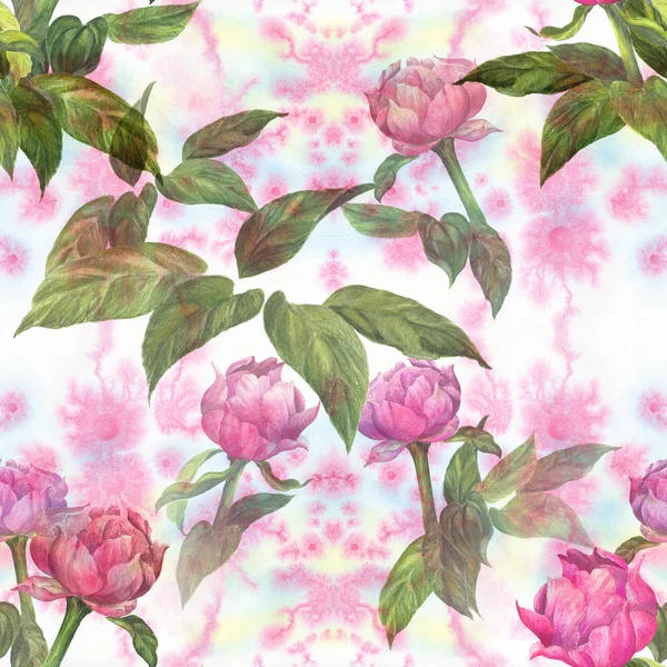 Peonies - flowers and leaves on a watercolor background. Watercolor painting. Seamless pattern. Use printed materials, signboards, posters, postcards, packaging. — Stock Photo, Image