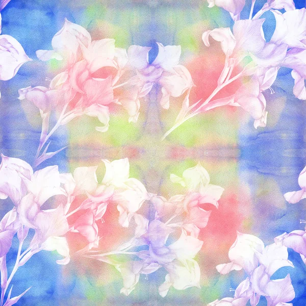 Gladiolus Flowers Watercolor Background Abstract Wallpaper Floral Motifs Seamless Pattern — 스톡 사진