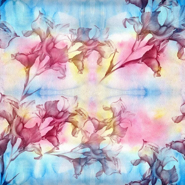 Цветы Гладиолуса Акварельном Фоне Абстрактные Обои Цветочными Мотивами Бесшовный Шаблон — стоковое фото