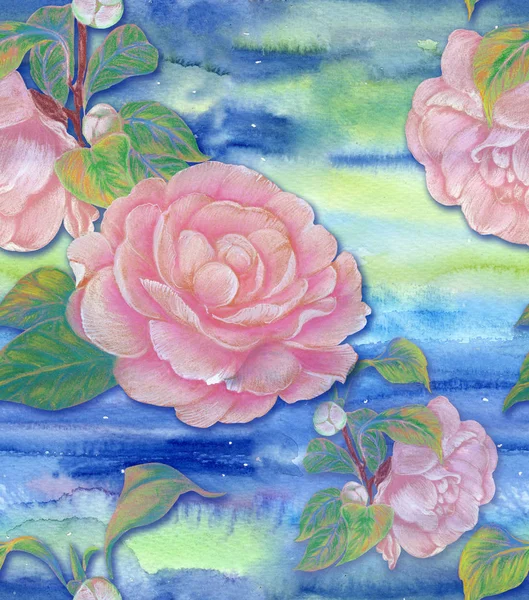 椿の花 水彩画の背景に コラージュ花の葉や水彩画の背景に芽します 水彩画背景に装飾的組成物 シームレス パターン — ストック写真