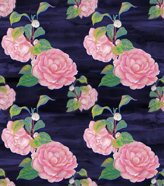 Camellia Blommor Knoppar Och Blad Akvarell Bakgrund Collage Blommor Blad — Stockfoto