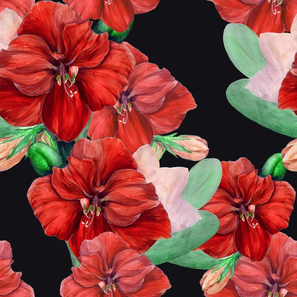 Квіти Амаріллі Гілка Квітами Бутонами Акварель Весняна Квітка Безшовні Візерунки — стокове фото