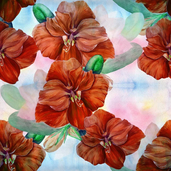 アマリリスの花 花や蕾で分枝します 水彩画 春の花 シームレスなパターン 印刷物 ポスター ポストカード パッケージを使用する — ストック写真