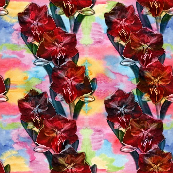 Цветы Амариллис Ветка Цветами Бутонами Акварель Весенний Цветок Бесшовный Шаблон — стоковое фото