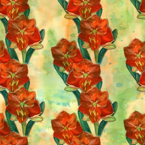 アマリリスの花 花や蕾で分枝します 水彩画 春の花 シームレスなパターン 印刷物 ポスター ポストカード パッケージを使用する — ストック写真
