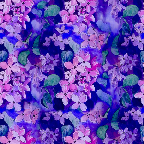Lilac Flowers Leaves Seamless Pattern Watercolor Abstract Wallpaper Floral Motifs — Stock Photo, Image
