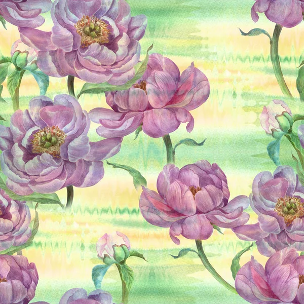 水彩画背景上的牡丹花 无缝图案 水彩画花叶丛生 使用印刷材料 — 图库照片
